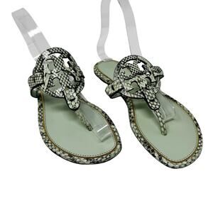 TORY BURCH Mint Green Reptile Snake Gold Metallic Metal Miller Sandals Size 7.5